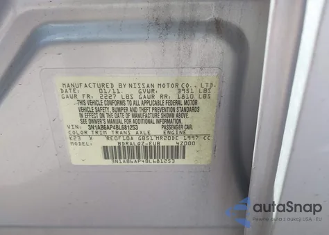 2011 Nissan Sentra 2.0 z USA, uszkodzony, nr VIN 3N1AB6AP4BL681253